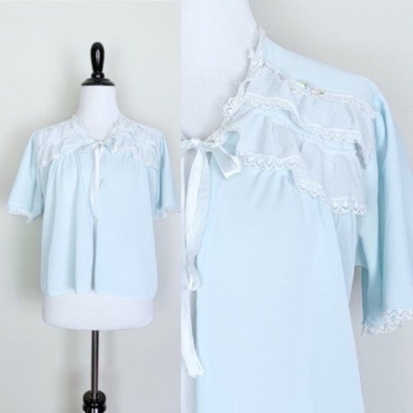 Vintage Other - Vintage 1950s Baby Blue & White Ruffle Lace Short Sleeve Tie Neck Bed Jacket